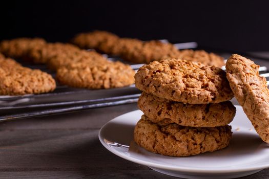 Freshly baked stack of warm oatmeal cookies on cooling rack on dark background