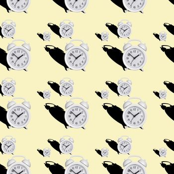 seamless pattern of a white alarm clock with a shadow on a yellow bed background.