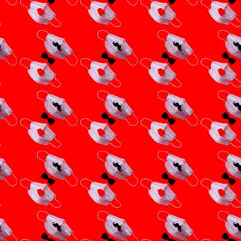 Surgical mask for the face of a gentleman and lady on a red background. Seamless pattern medical pattern.