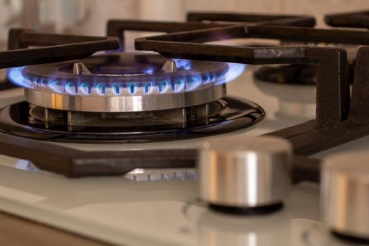 The blue flame of the gas burner. Kitchen stove. the selected focus.