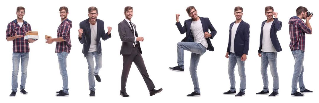 panoramic collage of self-motivated young man .isolated on white background