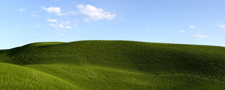 3d rendering image of a green field of grass and a bright blue sky. artificial grass. Panorama of green grass and sky.