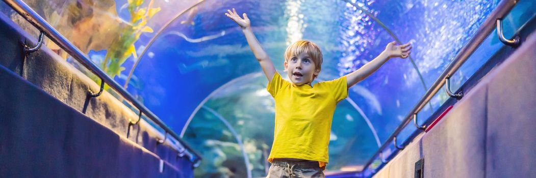 aquarium and boy, visit in oceanarium, underwater tunnel and kid, wildlife underwater indoor, nature aquatic, fish, tortoise. BANNER, LONG FORMAT