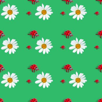 Seamless pattern of ladybug and chamomile flower on green background