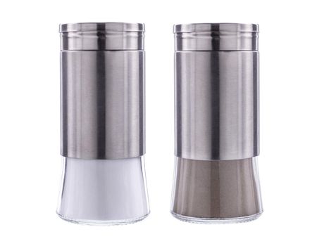 Salt and pepper shaker, glass and metal insulated on white background