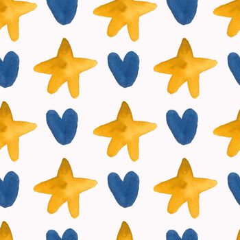 Seamless watercolor pattern of yellow stars and blue hearts. Suitable for wrapping paper, fabric drawing, banner creation.