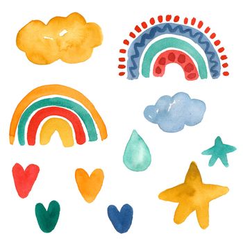 A set of cute stickers for the nursery. Cloud, rainbow, hearts, clouds. Watercolor illustration drawn by hands.
