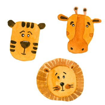 Watercolor set Africa animals for children. Cute funny faces of giraffe, lion and tiger.