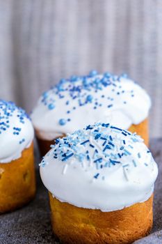 The cook Hands hold Easter cake with white topping and blue sprinkles. Woman holding traditional Russian Easter cake. Homemade pie for spring holiday celebration