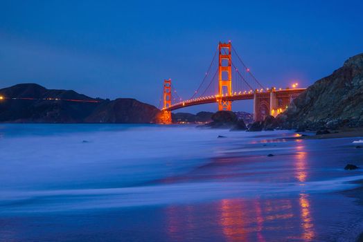 Golden Gate Bridge in San Francisco, California at sunset.