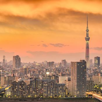 Tokyo city skyline at sunset in Japan