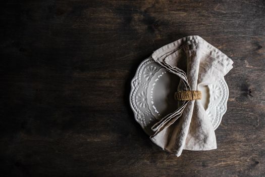 Vintage dinnerware served on wooden table