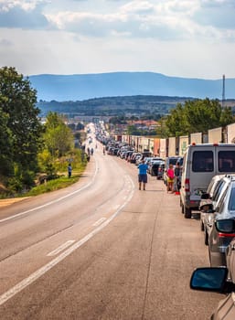 Turkey Border, Turkey - August 30, 2019. Trucks and cars waiting in long lines to cross the international border 