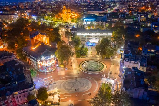 Varna, Bulgaria - October 28, 2019; Aerial view from the drone of the illuminated centrum of Varna city at night