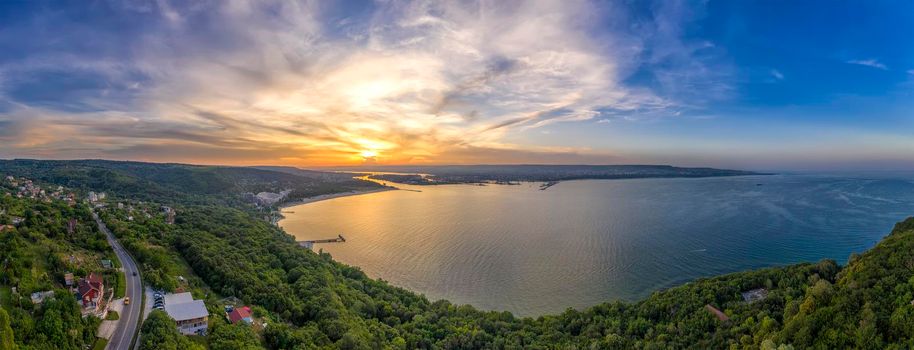 Panoramic aerial view of the sea bay. Aerial drone view of sea and coastline of Varna, Bulgaria