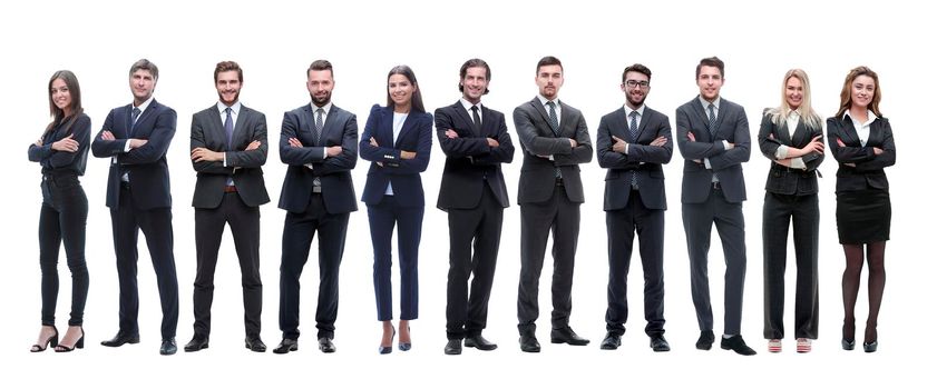 group of young successful entrepreneurs standing in a row. isolated on white background.