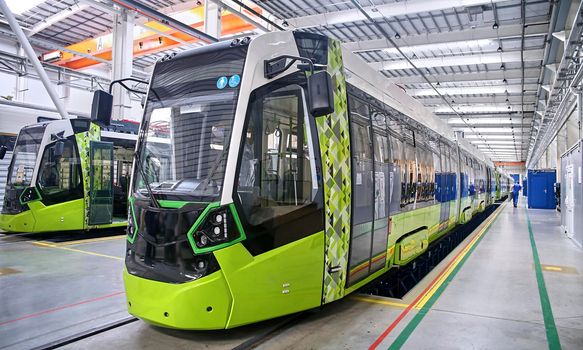 Inside the carriage assembly plant. Production workshop for the production of high-speed trains. Plant for the production of rolling stock of trains.