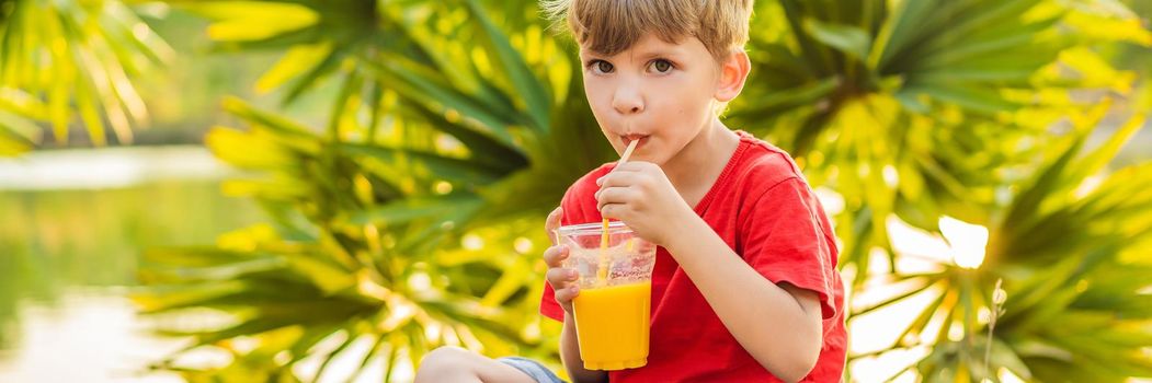 Boy drink healthy smoothies against the backdrop of palm trees. Mango smoothies. Healthy nutrition and vitamins for children. BANNER, LONG FORMAT