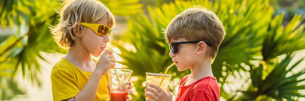 BANNER, LONG FORMAT Two boys drink healthy smoothies against the backdrop of palm trees. Mango and watermelon smoothies. Healthy nutrition and vitamins for children.