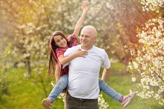 Grandfather And Granddaughter Walking the cherry trees.