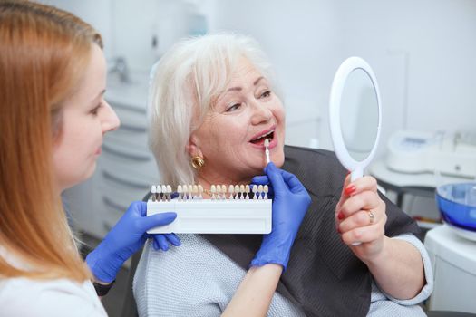 Female dentist helping her senior patient choosing teeth whitening shade