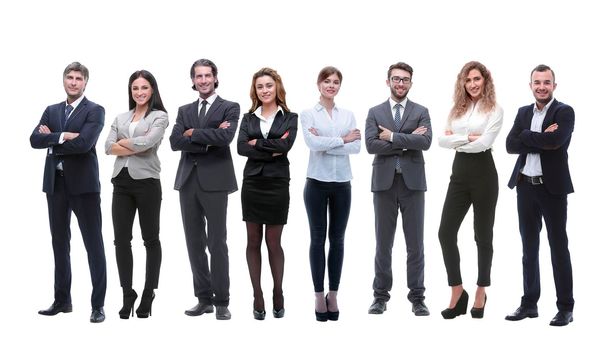 group of young successful entrepreneurs standing in a row. isolated on white background.