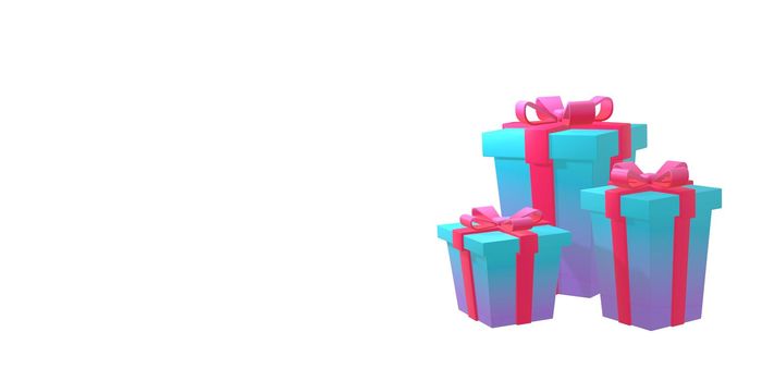 3d illustration of surprise set of gift boxes with gradient. With a pink bow on a white background. Blue and pink gift box. Render.