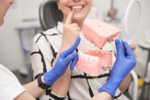 Close up cropped shot of a dentist showing dental model to female patient