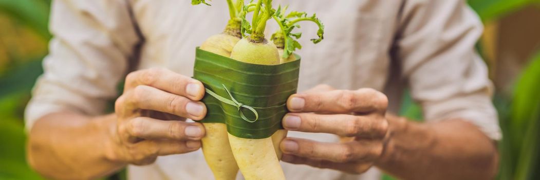 BANNER, LONG FORMAT Eco-friendly product packaging concept. Daikon wrapped in a banana leaf, as an alternative to a plastic bag. Zero waste concept. Alternative packaging.