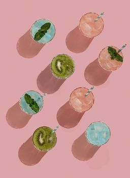 Summer pattern on bright pink pastel sunlight background delicious cocktails. Drinks with tropical fruits in glasses.