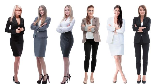 Collection of full-length portraits of young business women isolated on white background