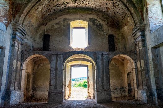 Interior of the ancient destroyed temple. Abandoned building of an ancient temple.