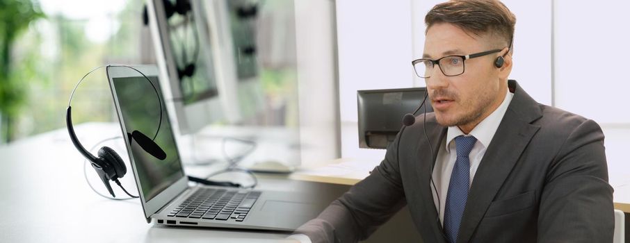 Business people wearing headset working in office to support remote customer or colleague. Call center, telemarketing, customer support agent provide service in broaden view .