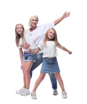 in full growth. mother and children dance together . isolated on white background