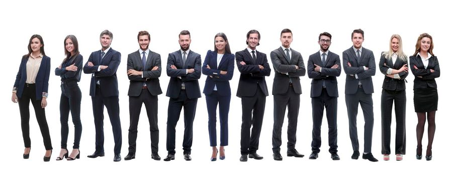 group of young successful entrepreneurs standing in a row. isolated on white background.