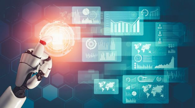 3D rendering futuristic droid robot technology development, artificial intelligence AI, and machine learning concept. Global robotic bionic science research for future of human life.