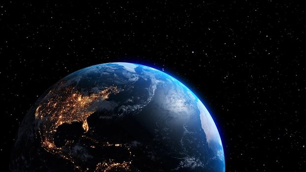 Planet earth with realistic geography surface and orbital 3D cloud atmosphere . Outer space view of world globe sphere of continents . 3D rendering graphic . Elements of this image furnished by NASA .