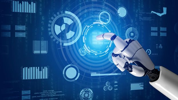 Futuristic robot artificial intelligence revolutionary AI technology development and machine learning concept. Global robotic bionic science research for future of human life. 3D rendering graphic.