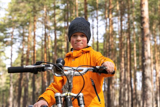 a happy preschooler rides a bicycle through the city park on a bike path between the pines