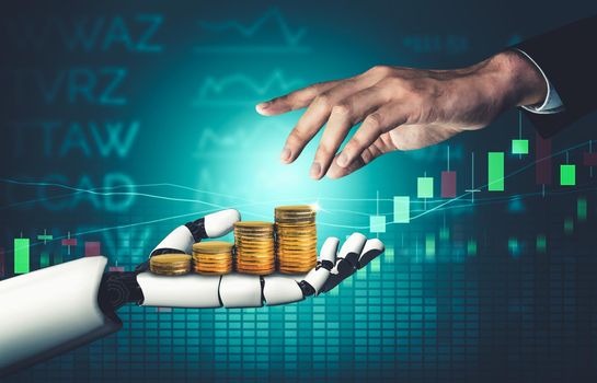3D rendering futuristic droid robot technology development, artificial intelligence AI, and machine learning concept. Global robotic bionic science research for future of human life.