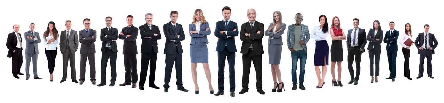 in full growth.boss and his business team standing together. isolated on white background.