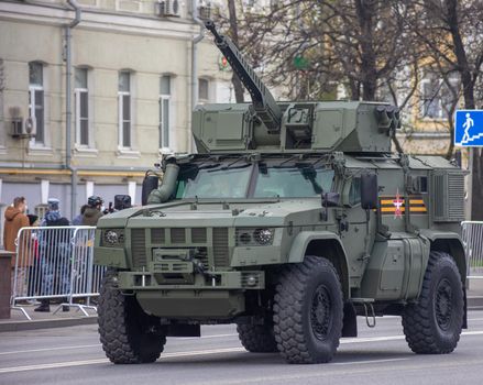 Moscow Russia - may 09 2022: Victory Day parade. Russian military car the car is driving down the street of the city. High quality photo