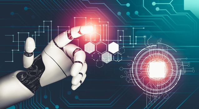 3D rendering futuristic droid robot technology development, artificial intelligence AI, and machine learning concept. Global robotic bionic science research for future of human life.
