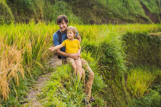 Dad and son travelers on Beautiful Rice Terraces against the background of famous volcanoes in Bali, Indonesia Traveling with children concept.