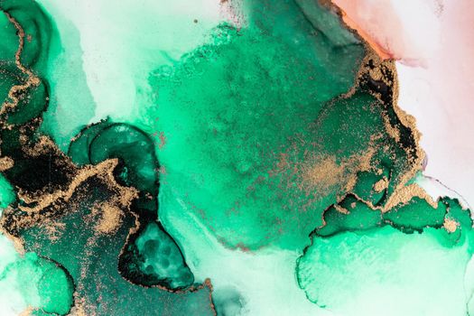 Green gold abstract background of marble liquid ink art painting on paper . Image of original artwork watercolor alcohol ink paint on high quality paper texture .