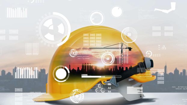 Future building construction and inventive engineering project concept with HUD hologram graphic design. Building engineer, architect people or construction worker works with modern civil technology.
