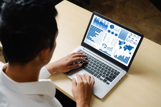 Business data dashboard analysis by ingenious computer software . Investment application display business sales and profit on the computer screen and advise marketing planning decision .