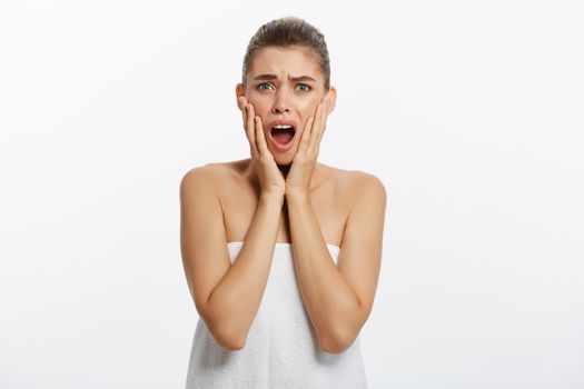 Beautiful woman in panic and serious looking at camera