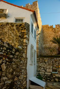 MARMARIS, MUGLA, TURKEY: The old stone Fortress of Marmaris on a blue sky background on a sunny day.