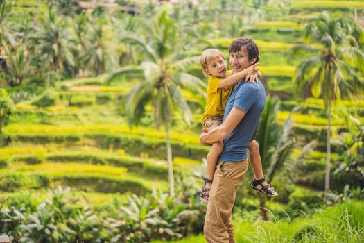 Dad and son travelers on Beautiful Rice Terraces against the background of famous volcanoes in Bali, Indonesia Traveling with children concept.